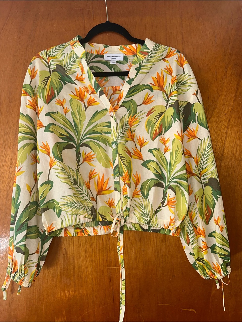 Marc New York Cream Blouse with Green & Orange Tropical Print
